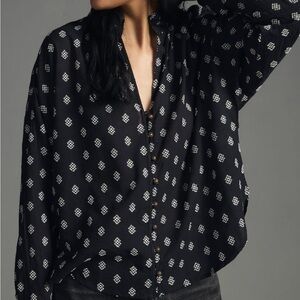Pilcro Anthropologie Tavi Embroidered Button Down Blouse Black Size Small
